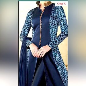 Satin Silk Salwar Kameez in Blue with Printed work